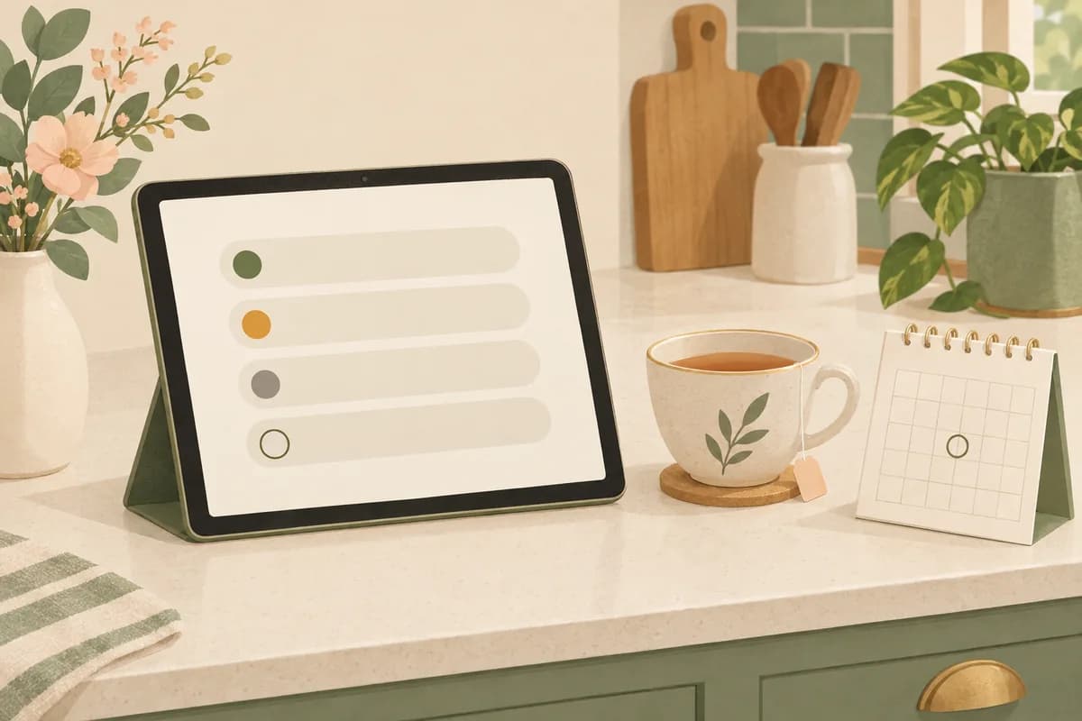 A tablet on a kitchen counter shows a guest list of rounded rows marked with green, amber, gray and empty dots, beside a tea cup and a small calendar card.