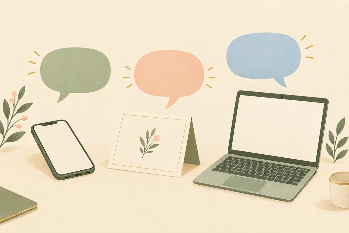 Three empty speech bubbles float above a phone, a folded note card and a laptop, one for each way to send a reply.