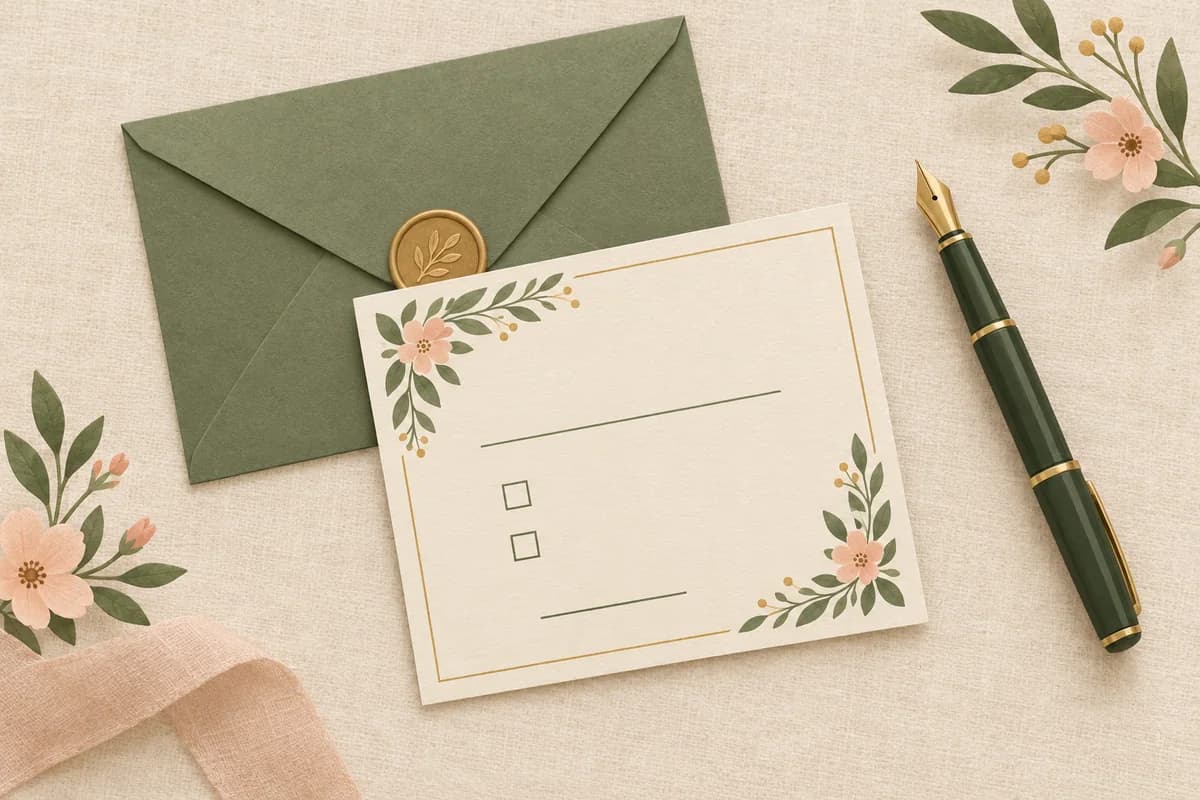 A small reply card with a blank name line, two tick boxes and a short blank line, a pen beside it and a stamped envelope behind.