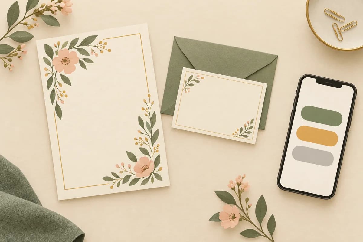An invitation lies on a table beside a small reply card with its envelope and a phone showing three rounded reply buttons.