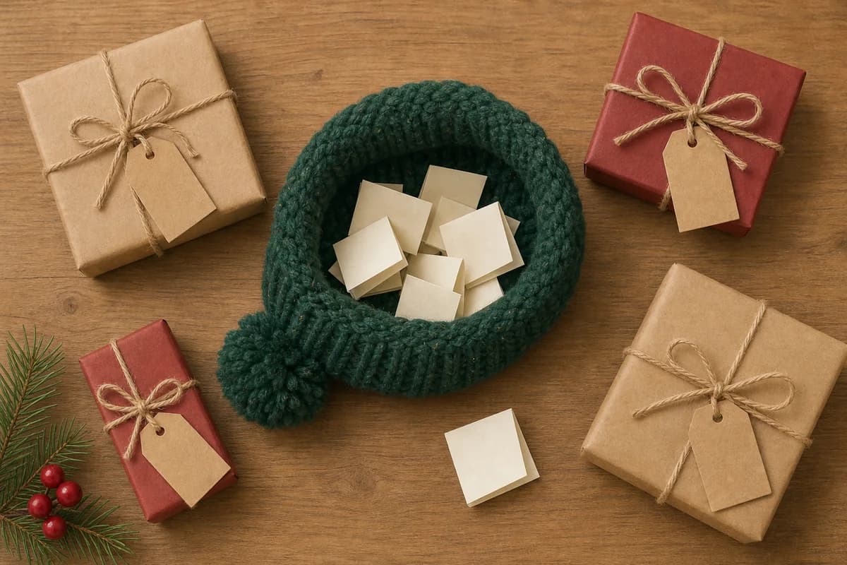 A knitted hat full of folded paper slips on a table, with small wrapped gifts and blank tags around it.