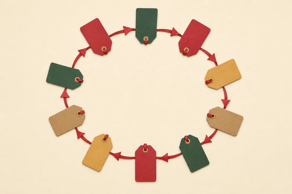 Ten blank gift tags in a circle joined by one ribbon that runs from each tag to the next and back to the first.