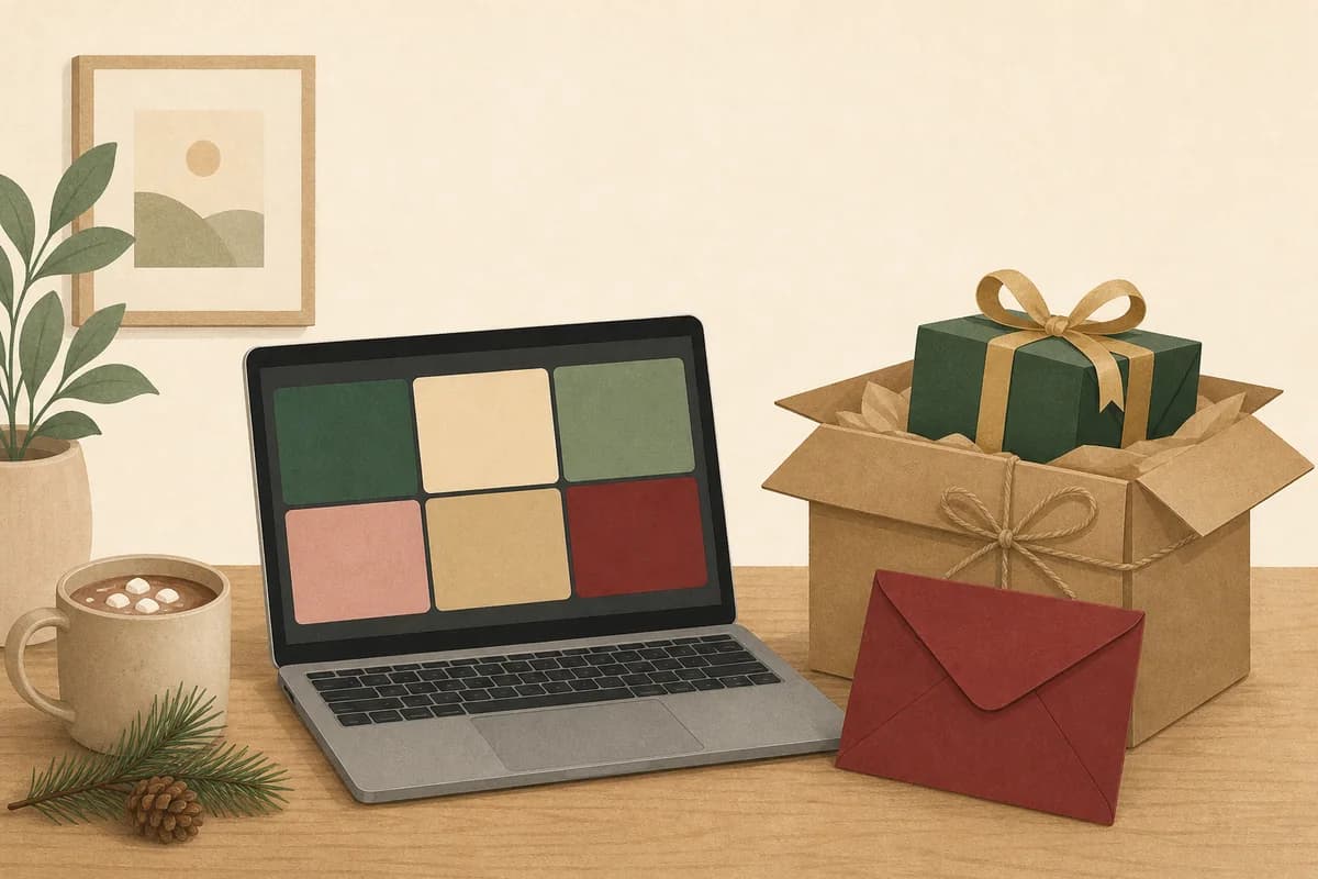 A laptop showing a video-call grid of blank tiles, next to a shipping box with a wrapped gift and a sealed red envelope.