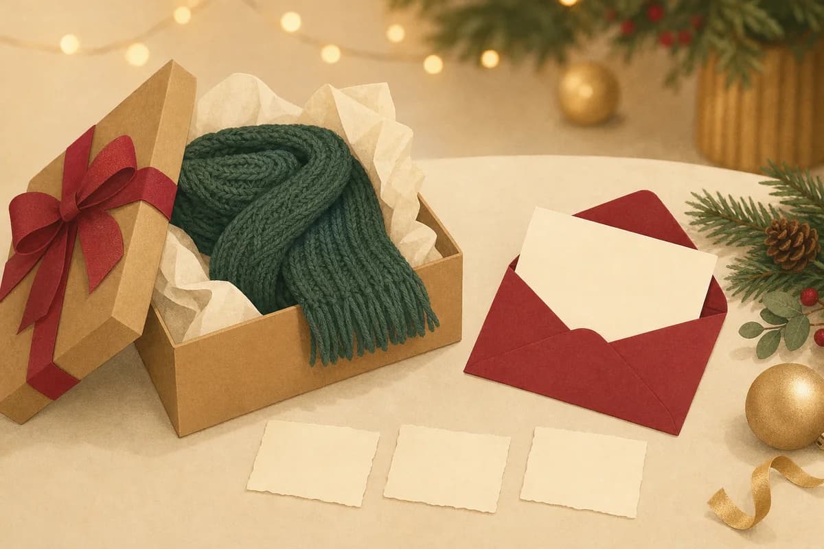 An opened gift with a scarf inside, a folded card half out of a red envelope and three blank clue slips beside it.