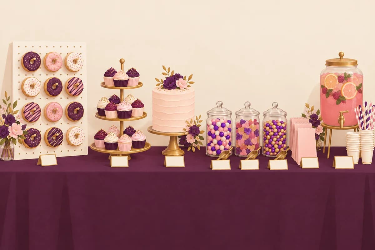 A dessert table with a donut wall, a stand of cupcakes and a small cake, jars of candy with paper bags and a dispenser of fruit mocktail