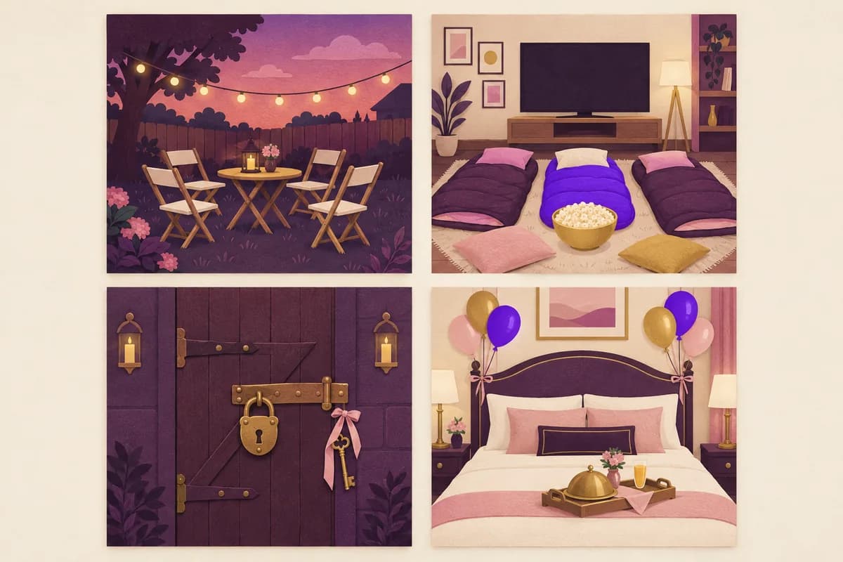Four small scenes: a backyard table and chairs under string lights, sleeping bags and popcorn in front of a TV, a locked escape-room door with a key, and a hotel bed with balloons and a breakfast tray