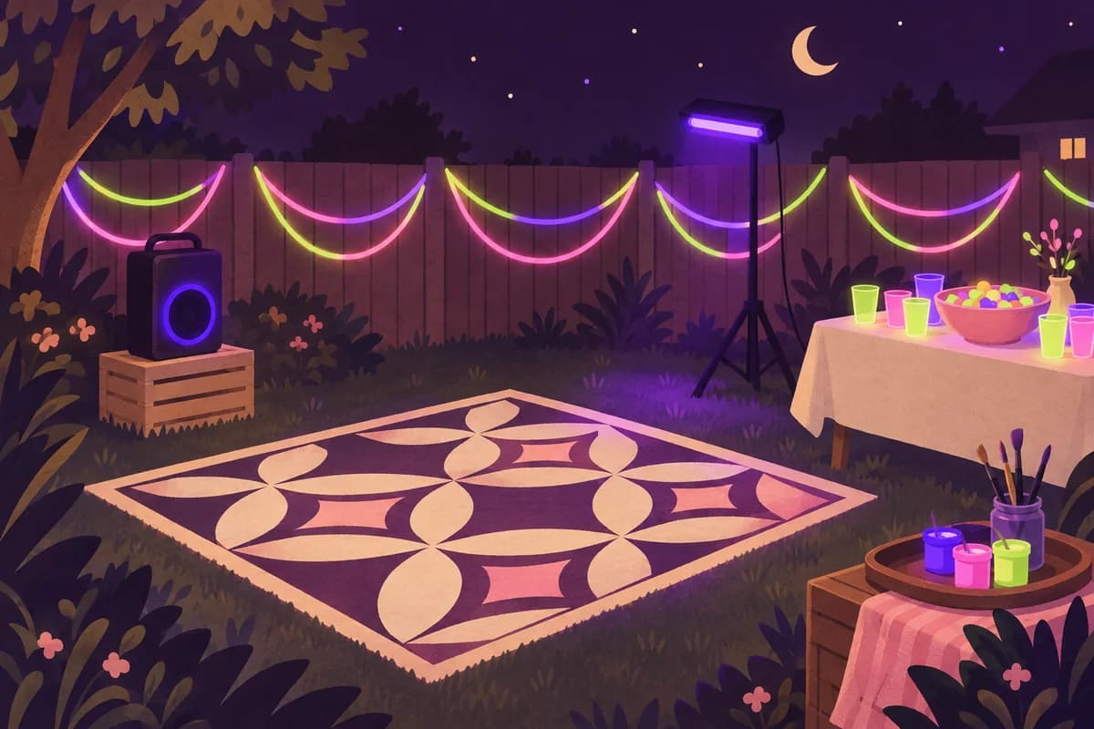 A backyard set up for a glow party at night. Glow sticks hang along the fence, a blacklight shines over a dance rug, and a side table holds glowing cups and pots of paint