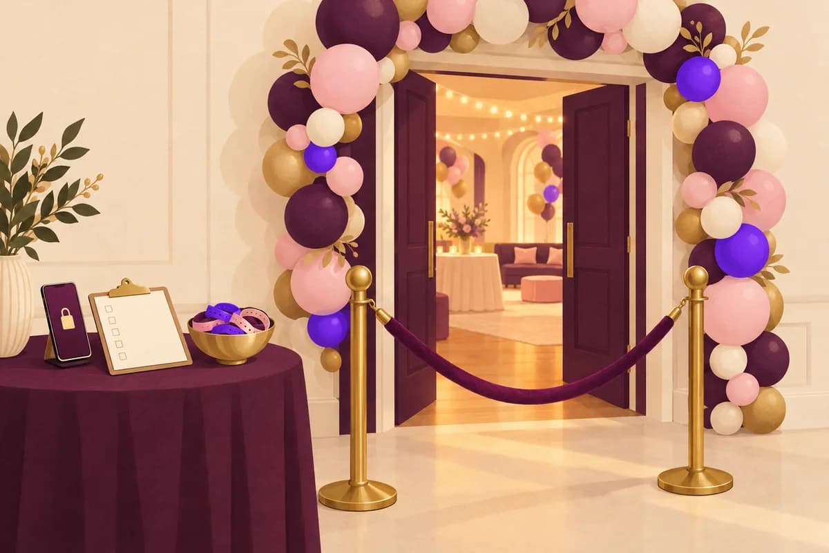 A balloon-framed party doorway with a velvet rope, and a side table holding a phone showing a padlock, a clipboard list and wristbands
