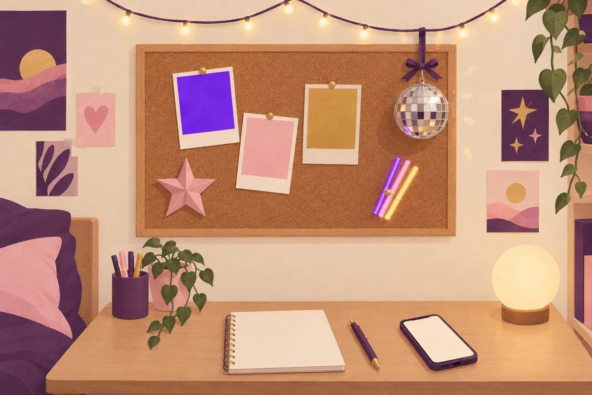 A mood board with three color swatches, a small mirror ball, fairy lights and glow sticks above a desk with a notebook and a phone