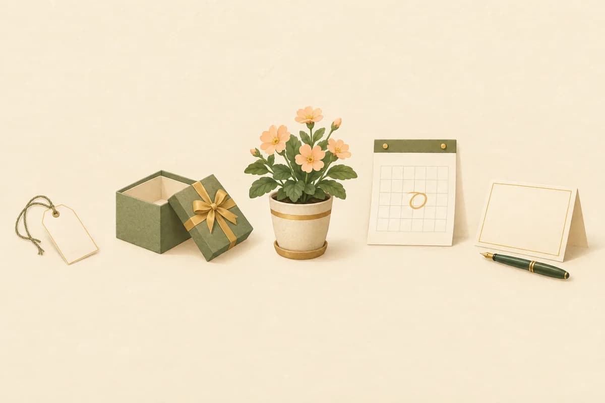 Five objects lined up like steps: a blank name tag and an open gift box, then a small flowering plant, a calendar page with one day circled and a folded card with a pen on it