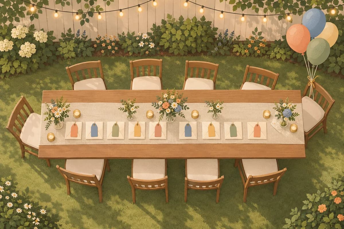 A backyard party table seen from above with string lights, empty chairs, a few balloons and a row of matching envelopes, each with a different blank colored tag