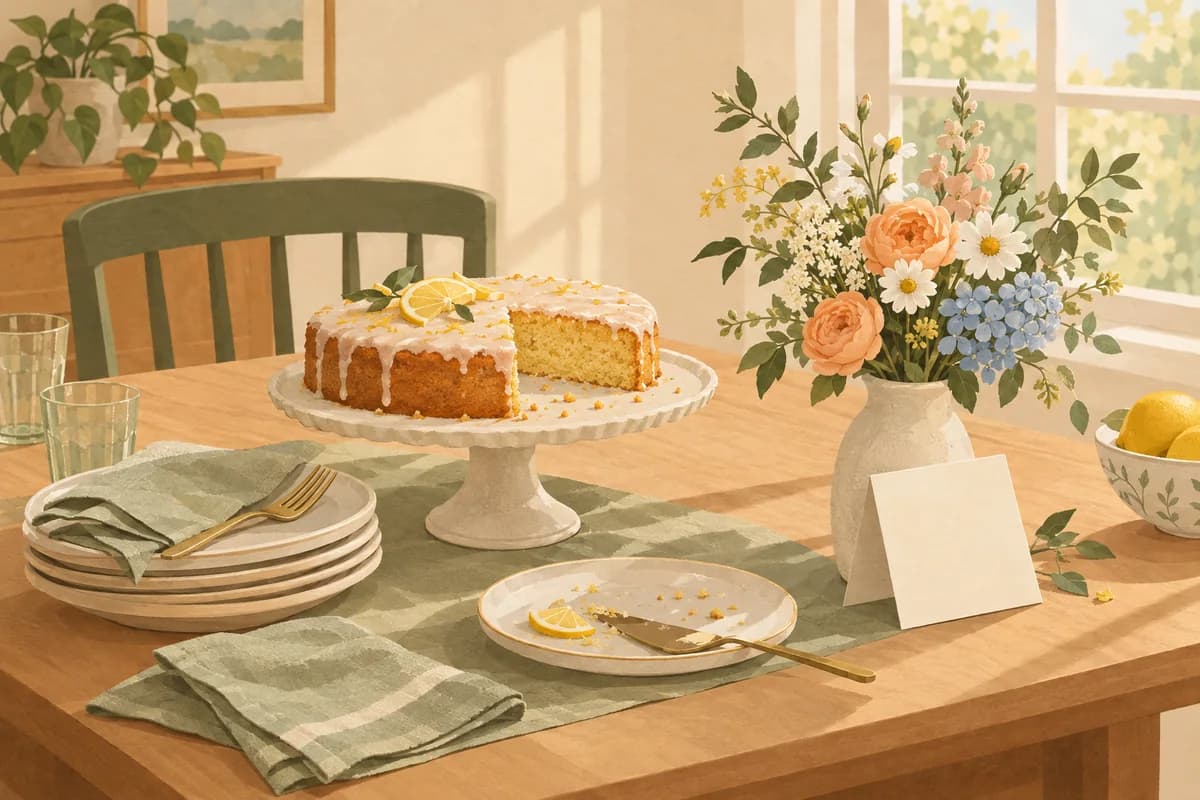 A dining table the morning after a dinner with stacked plates, folded napkins, a lemon cake on a stand and a folded card leaning on a small vase of flowers
