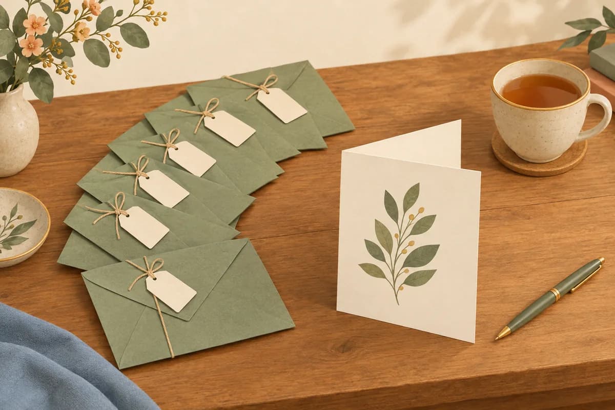 A fan of matching sage-green envelopes on a wooden table, each with a blank tag tied on with string, beside an open leaf-pattern card, a cup of tea and a pen