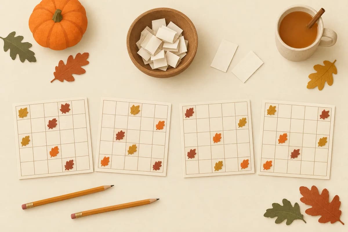 Four blank five-by-five bingo grids on a Thanksgiving table, with some squares covered by paper leaf markers, beside a bowl of folded calling slips and a small pumpkin.