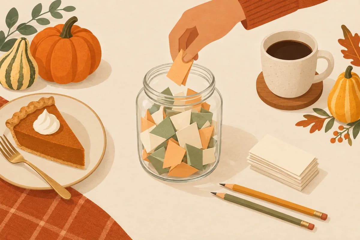 A hand drops a paper slip into a glass jar full of notes, beside a stack of blank slips, two pencils, a slice of pumpkin pie and a cup of coffee.