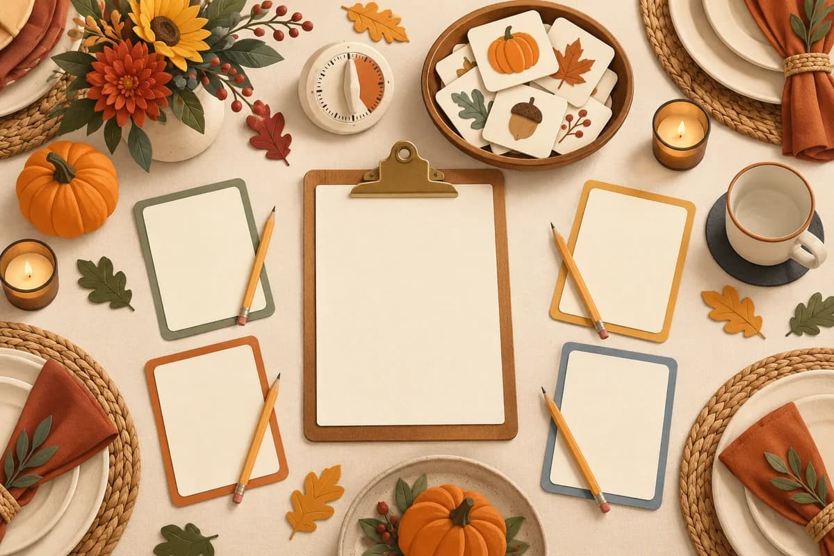 A timer and host clipboard sit apart from player cards on an illustrated Thanksgiving table, showing a short optional game that can pause for dinner.