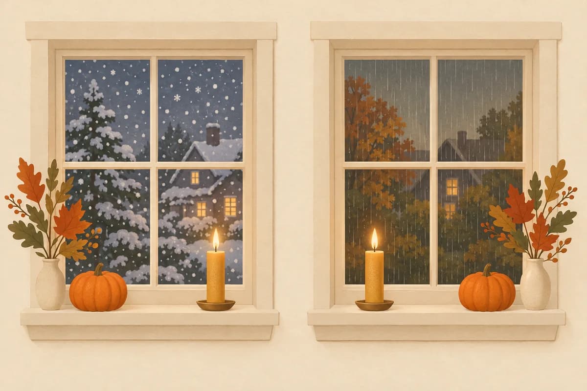 Two lit windows side by side, one with snow falling outside and one with rain, each with a candle and a small pumpkin on the sill.