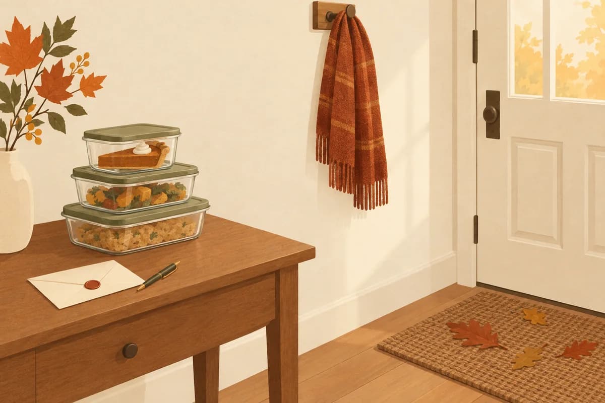 Stacked leftover containers, one with a slice of pumpkin pie, beside a sealed cream envelope and a pen on a hallway table by the door.