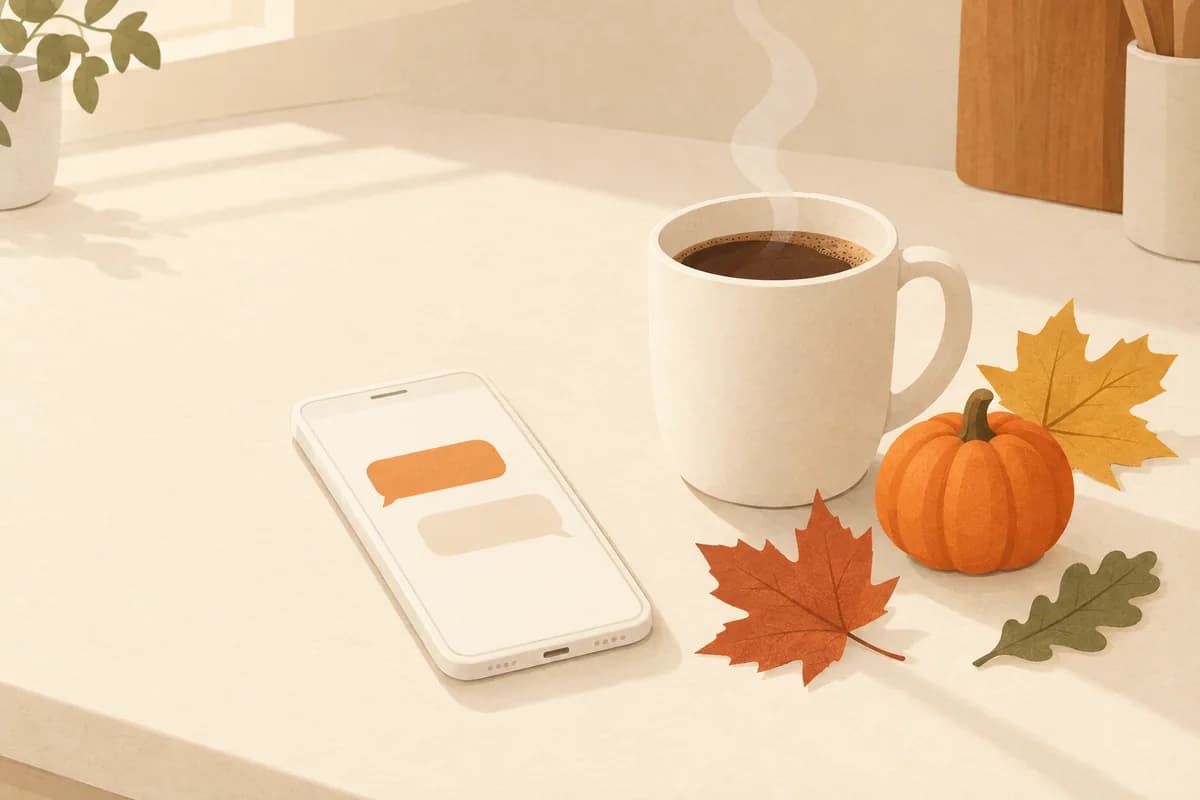 A phone showing two blank message bubbles beside a steaming coffee mug, a mini pumpkin and a few maple leaves on a kitchen counter.