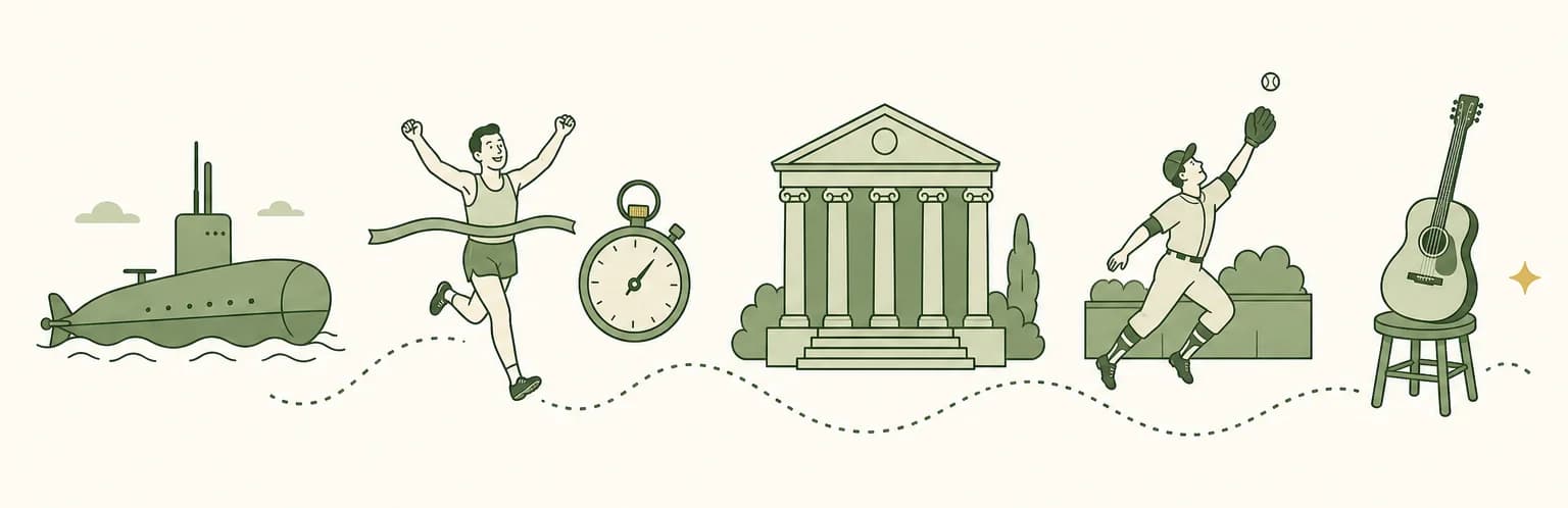 A cartoon timeline of 1954: a submarine, a runner breaking a finish-line tape beside a stopwatch, a courthouse with tall columns, an outfielder reaching over his shoulder for a fly ball and an acoustic guitar on a stool