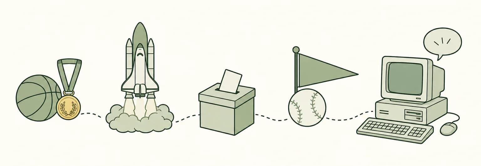 A cartoon timeline of 1992: a basketball with a medal, a space shuttle lifting off, a ballot box, a baseball with a pennant and a chunky desktop computer showing a speech bubble