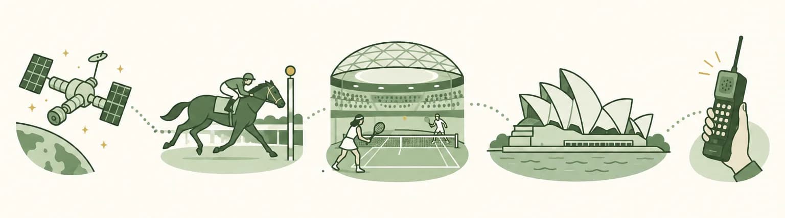 A cartoon timeline of 1973: a space station in orbit, a racehorse crossing a finish line, a tennis match under a domed stadium, a sail-roofed opera house and a handheld phone