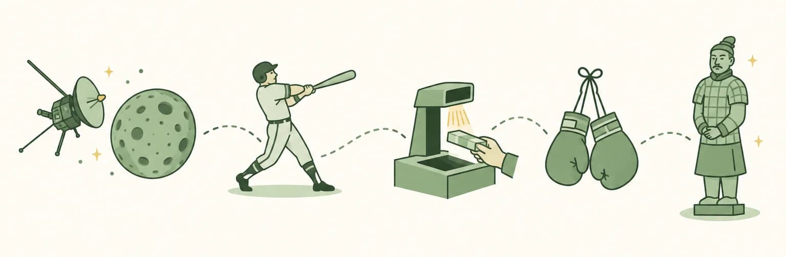 A cartoon timeline of 1974: a space probe near a cratered planet, a slugger finishing a swing, a checkout scanner reading a stick of gum, a pair of boxing gloves and a clay warrior statue