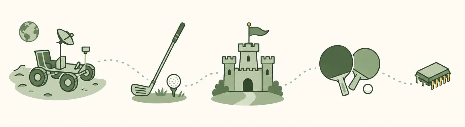 A cartoon timeline of 1971: a lunar rover on the Moon, a golf club and ball, a small castle with a flag, a pair of ping-pong paddles and a tiny computer chip