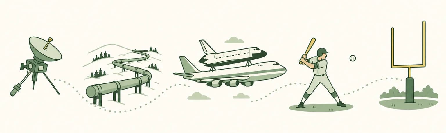 A cartoon timeline of 1977: a space probe with a dish antenna, a pipeline snaking over snowy hills, a prototype space shuttle riding on a jumbo jet, a baseball slugger at bat and a football goalpost