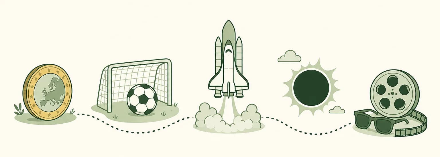 A cartoon timeline of 1999: a euro coin, a soccer ball in a goal net, a space shuttle lifting off, a solar eclipse and a pair of sunglasses on a film reel