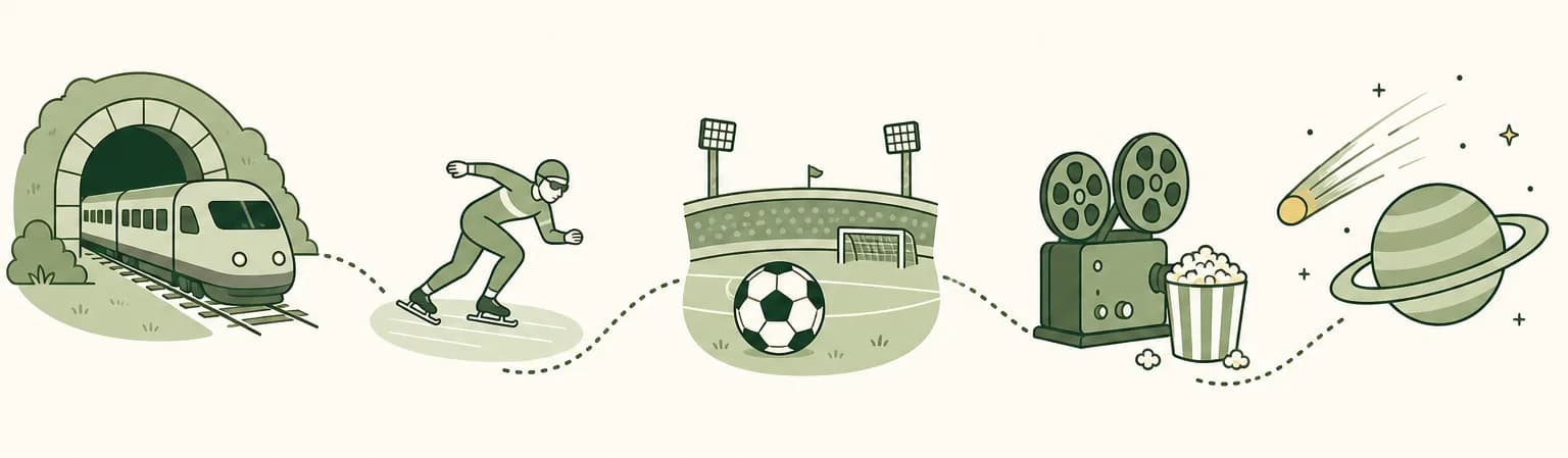 A cartoon timeline of 1994: a train emerging from a tunnel, a speed skater, a soccer ball on a stadium field, a movie projector beside a popcorn bucket and a comet streaking toward a banded planet