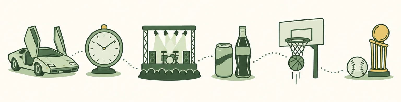 A cartoon timeline of 1985: a sports car with upward-opening doors beside a big clock, a concert stage under floodlights, a soda can next to a glass cola bottle, a basketball dropping through a hoop and a baseball with a championship trophy