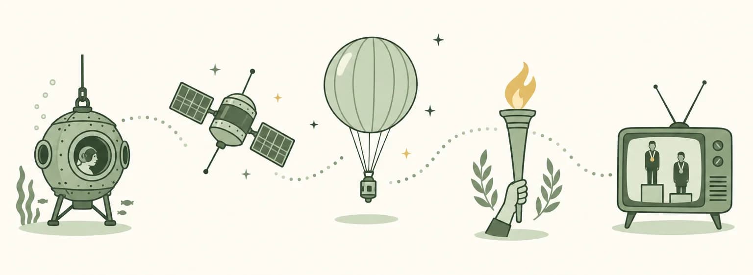 A cartoon timeline of 1960: a deep-sea diving sphere, a weather satellite, a giant shiny balloon in orbit, an Olympic torch and a television showing two podiums