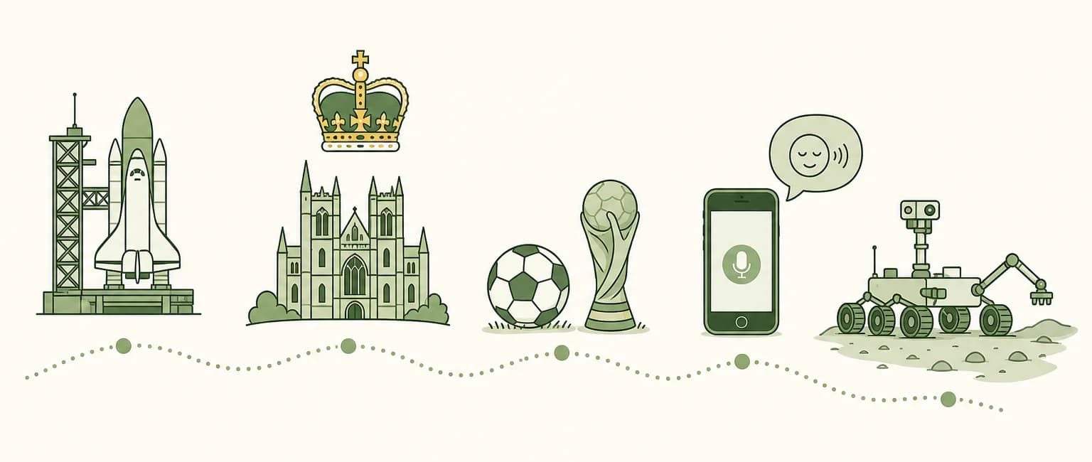 A cartoon timeline of 2011: a space shuttle on a launch pad, a royal crown above an abbey, a football beside a trophy, a smartphone with a talking assistant bubble and a six-wheeled rover on a rocky plain