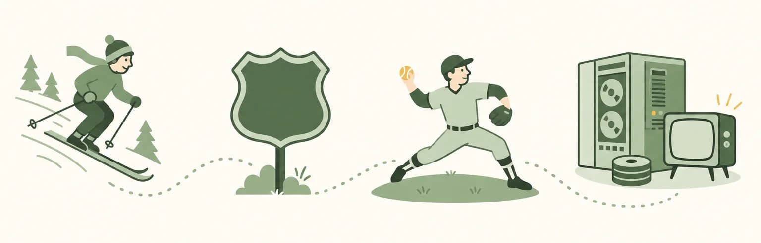 A cartoon timeline of 1956: a downhill skier, a highway shield sign, a baseball pitcher mid-throw, a refrigerator-sized computer with disks and a tube television