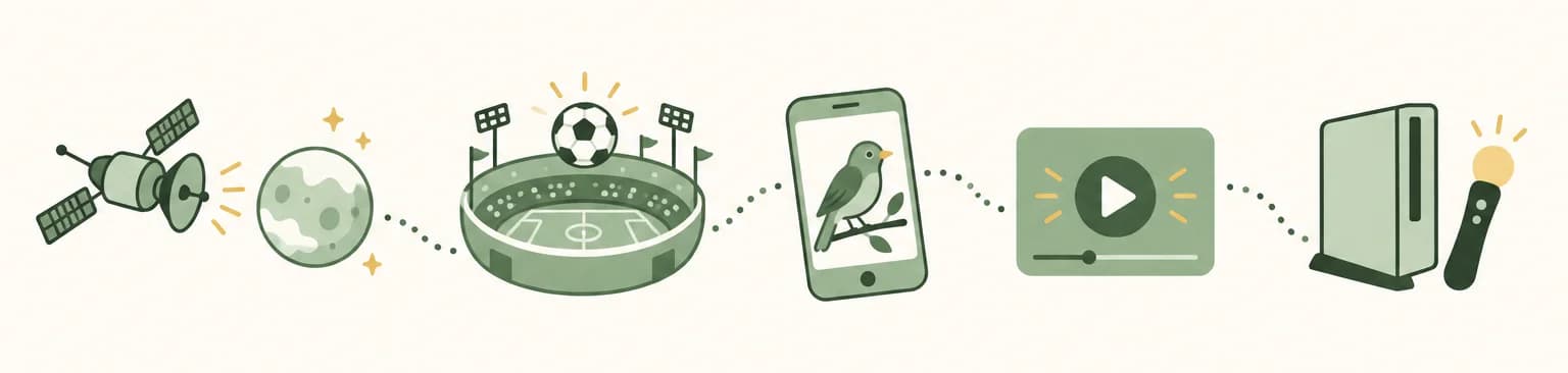 A cartoon timeline of 2006: a space probe heading toward a small icy planet, a soccer ball in a stadium, a bird on a phone screen, a video play button and a game console with a wand-shaped controller