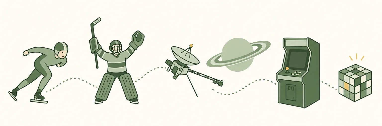A cartoon timeline of 1980: a speed skater, a hockey goalie with arms raised, a space probe near a ringed planet, an arcade cabinet and a puzzle cube