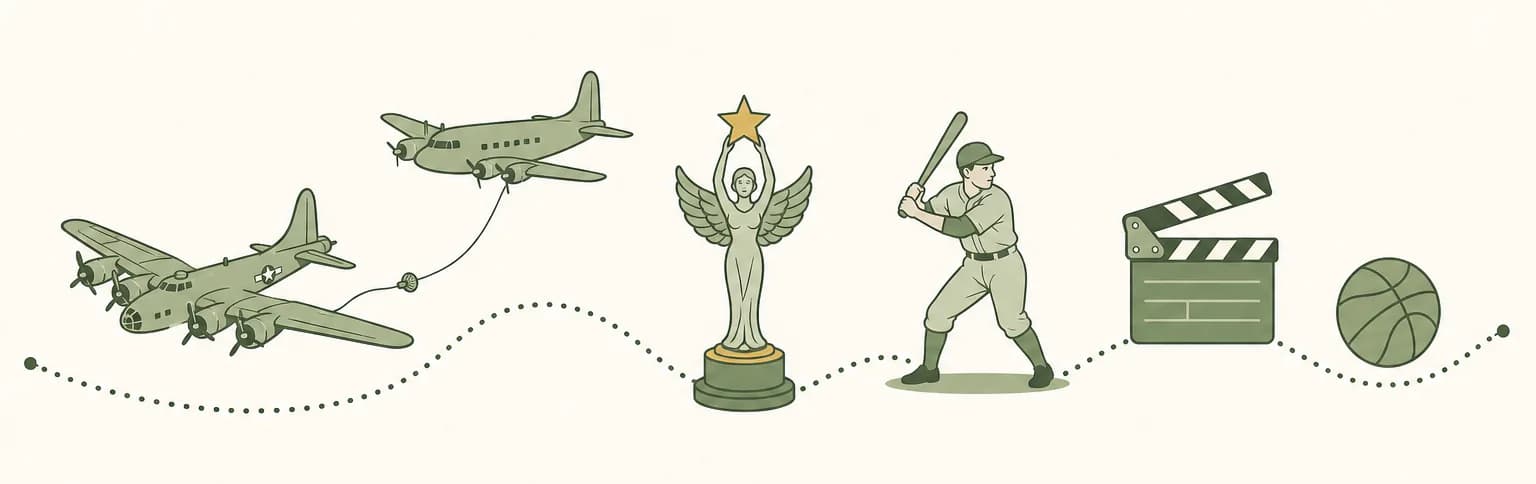 A cartoon timeline of 1949: a four-engine propeller bomber beside a refueling plane, a winged-figure trophy statuette, a baseball player at bat, a film clapperboard and a basketball