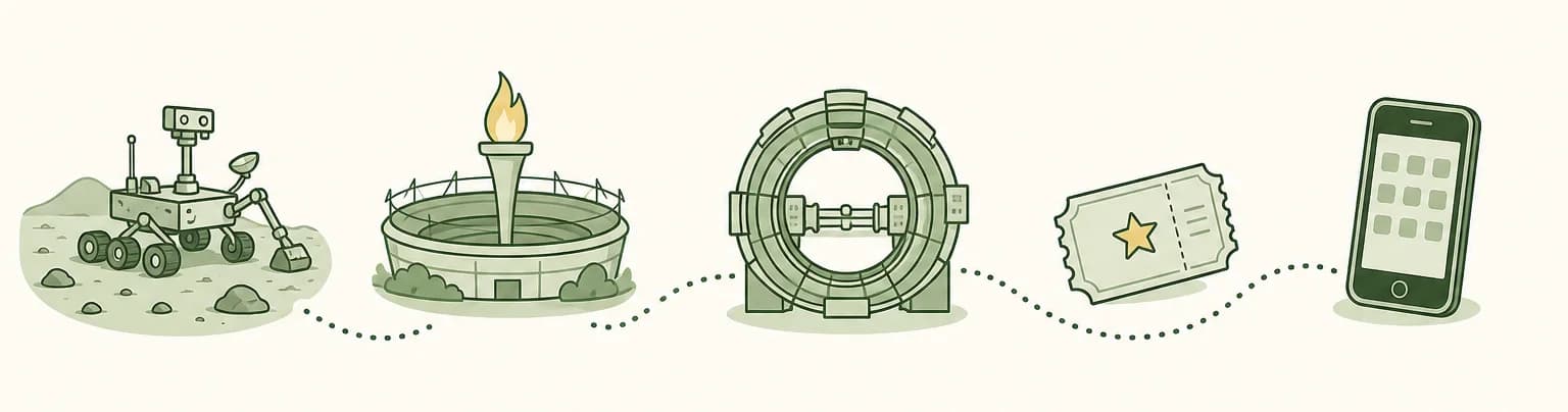 A cartoon timeline of 2012: a rover on a rocky planet, a stadium with an Olympic torch, a ring-shaped particle collider, a movie ticket and a smartphone