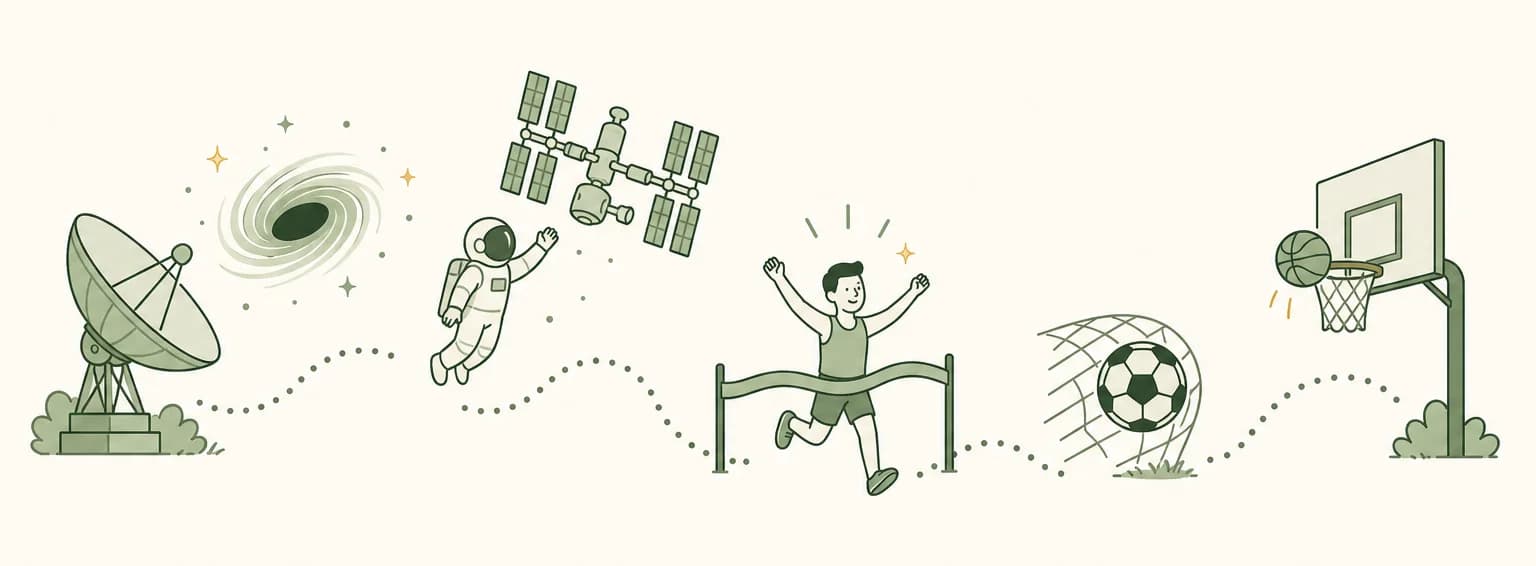 A cartoon timeline of 2019: a radio dish pointing at a swirling black hole, an astronaut floating beside a space station, a runner breaking a finish ribbon, a soccer ball in a net and a basketball hoop