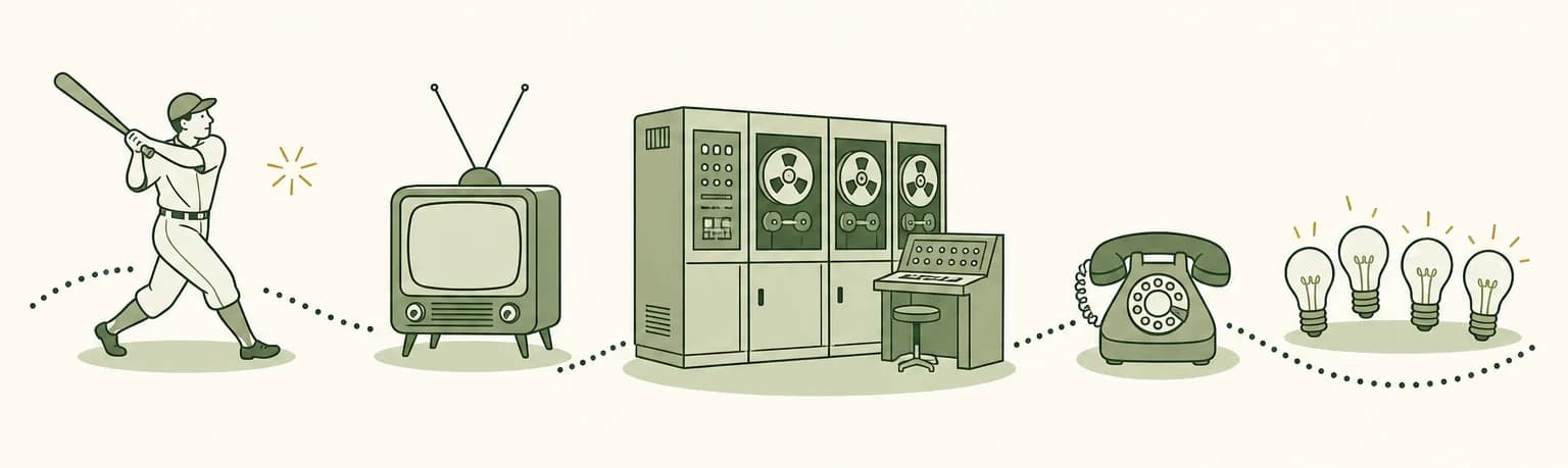 A cartoon timeline of 1951: a baseball slugger mid-swing, a tube television, a room-sized computer with tape reels, a rotary telephone and four glowing light bulbs