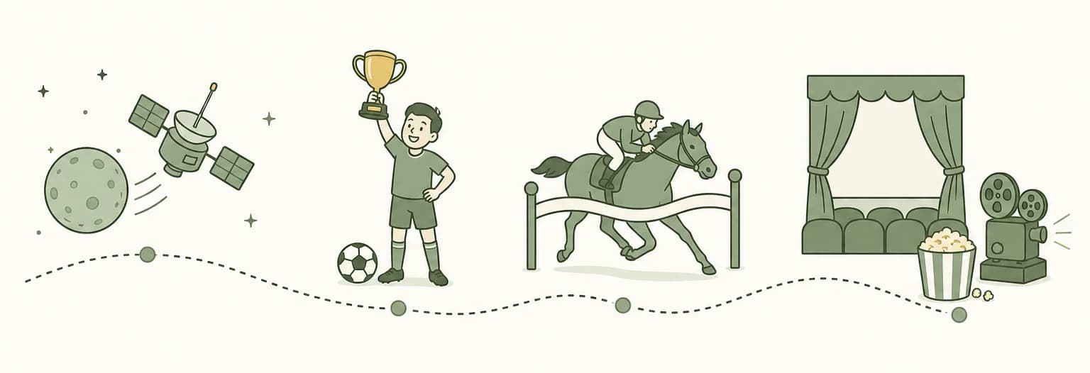 A cartoon timeline of 2015: a space probe flying past a small planet, a soccer player holding a trophy, a racehorse crossing a finish line, a theater stage with a curtain and a movie projector beside a popcorn bucket