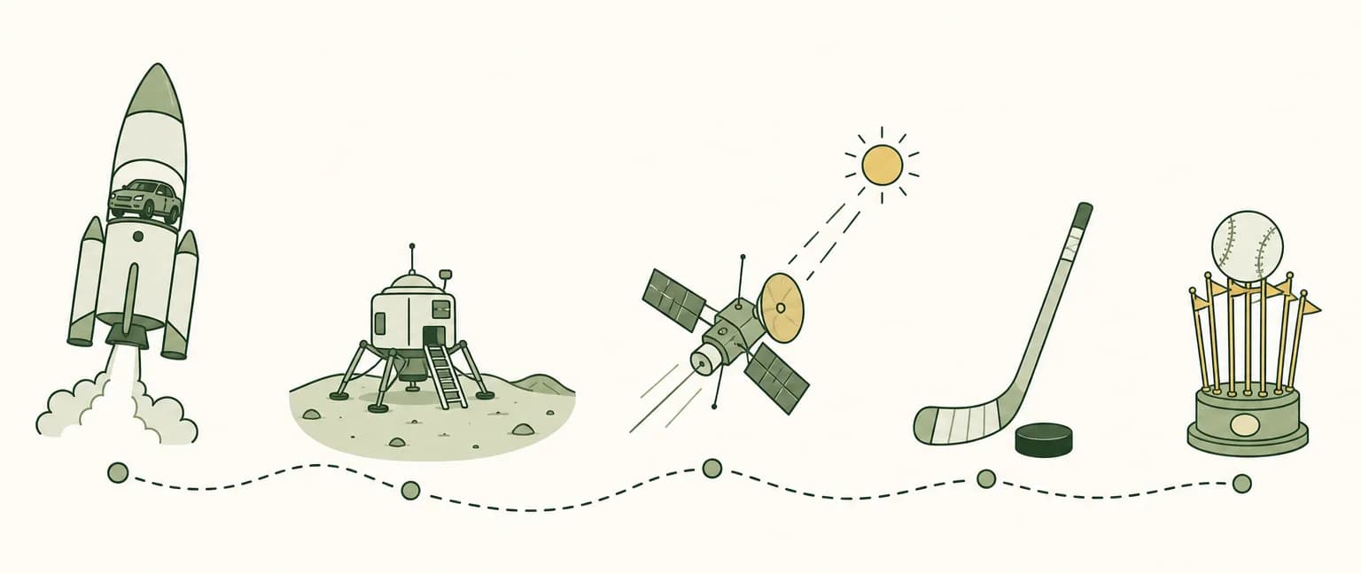 A cartoon timeline of 2018: a rocket carrying a small car into space, a lander on a planet, a sun-bound probe, a hockey stick beside a puck and a baseball trophy
