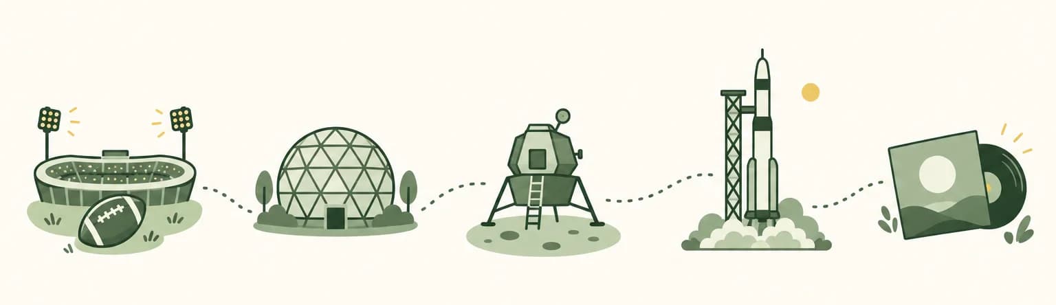 A cartoon timeline of 1967: a football under stadium lights, a geodesic dome, a lunar lander, a tall rocket on its launch pad and a vinyl album