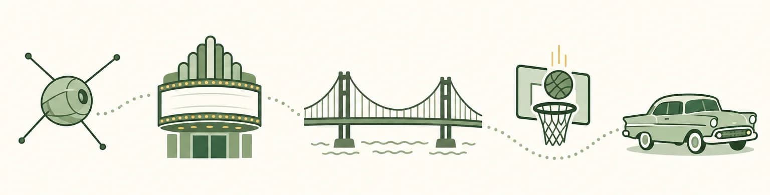 A cartoon timeline of 1957: a small round satellite, a Broadway theater marquee, a long suspension bridge, a basketball dropping through a hoop and a 1950s sedan
