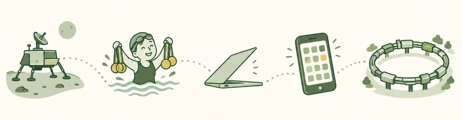 A cartoon timeline of 2008: a lander on Mars, a swimmer holding gold medals, a very thin laptop, a phone with app icons and a giant ring-shaped particle collider