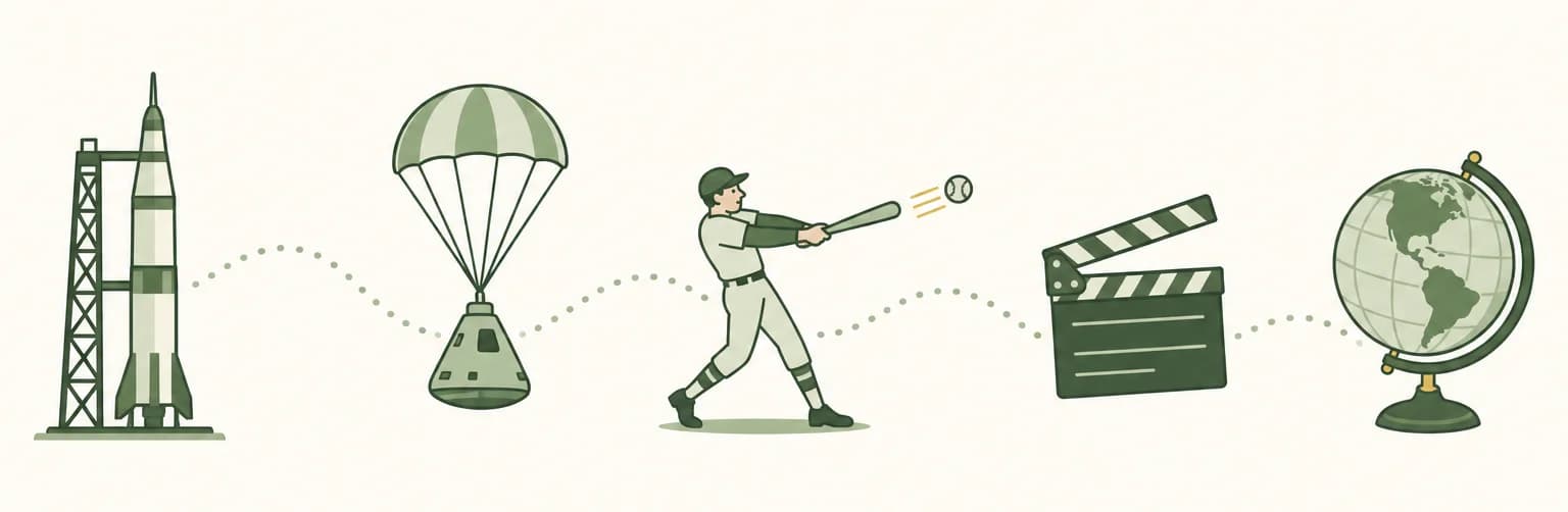 A cartoon timeline of 1961: a rocket on a launch pad, a small space capsule hanging under a parachute, a baseball slugger swinging a bat, a film clapperboard and a globe