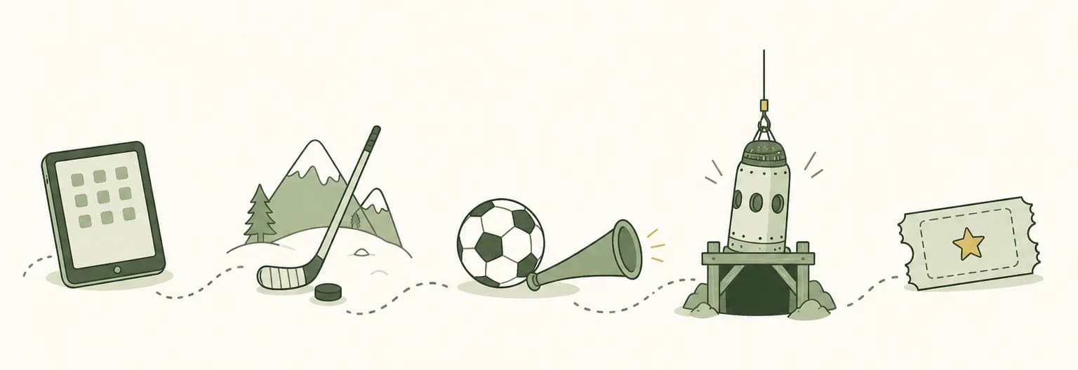 A cartoon timeline of 2010: a tablet computer, a hockey stick and puck on a snowy mountain, a soccer ball beside a long plastic horn, a rescue capsule rising from a mine shaft and a movie ticket