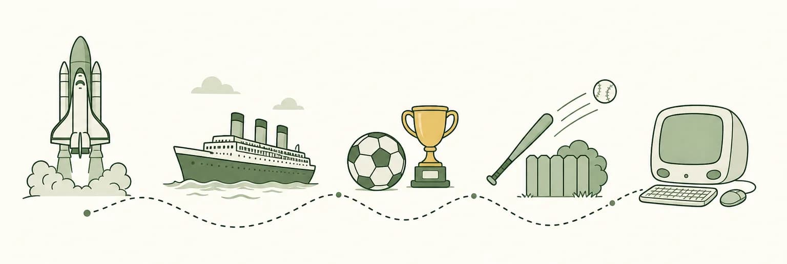 A cartoon timeline of 1998: a space shuttle lifting off, an ocean liner at sea, a soccer ball beside a trophy, a baseball bat sending a ball over a fence and a rounded all-in-one computer