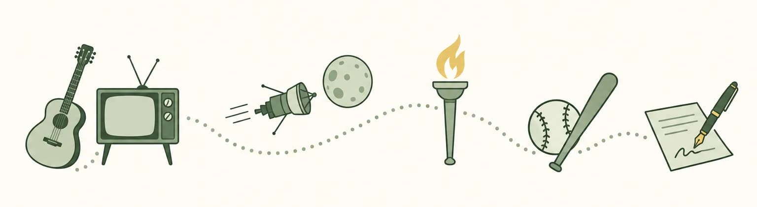 A cartoon timeline of 1964: a guitar beside a television, a probe heading toward the Moon, an Olympic torch, a baseball with a bat and a pen signing a document
